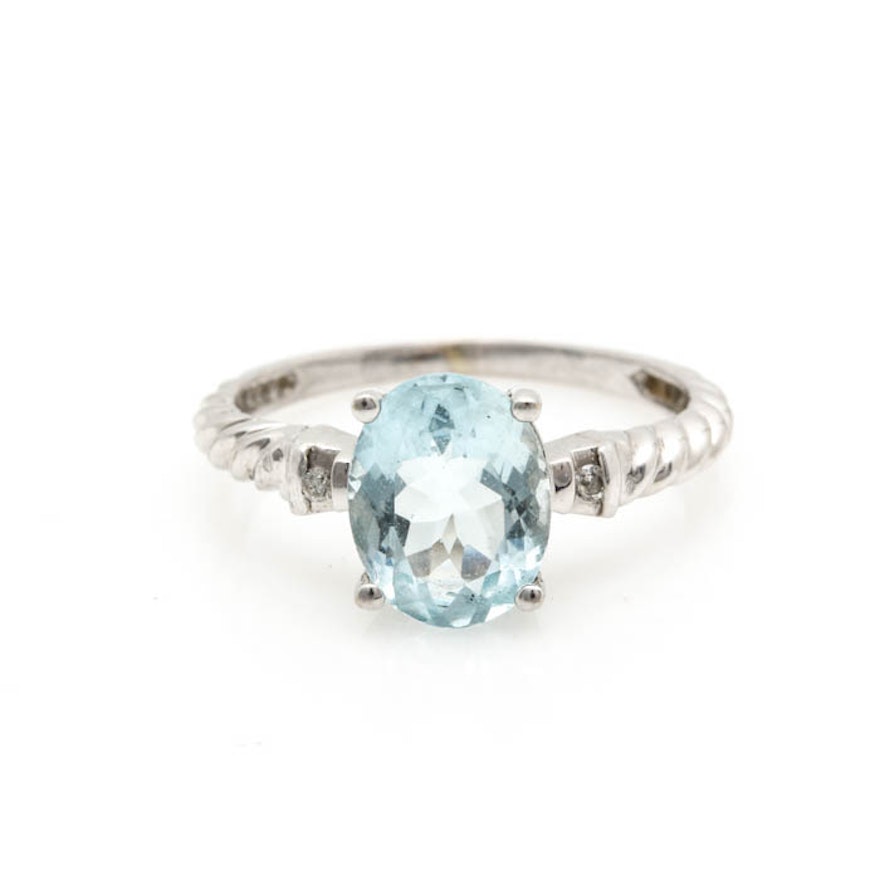 14K White Gold Aquamarine and Diamond Ring