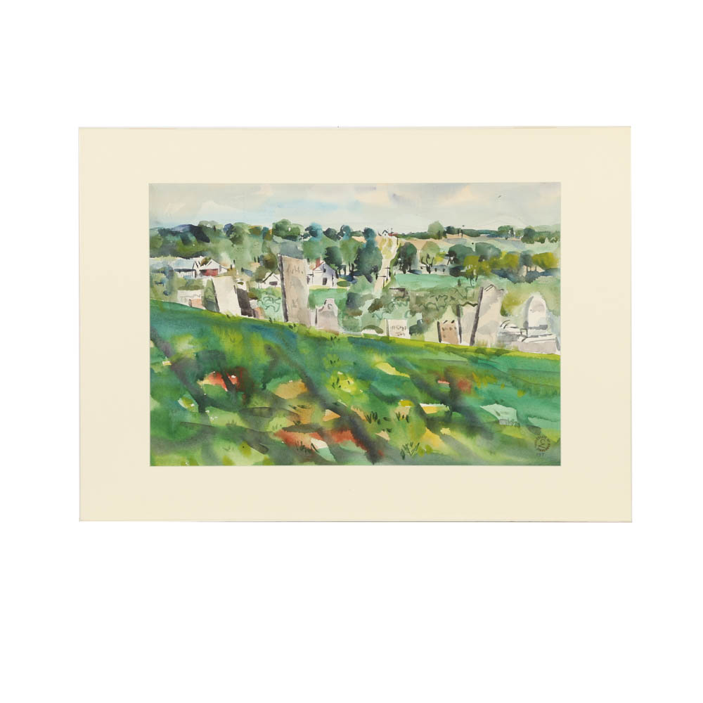 Carl Zimmerman Watercolor Painting "On a Hilltop"