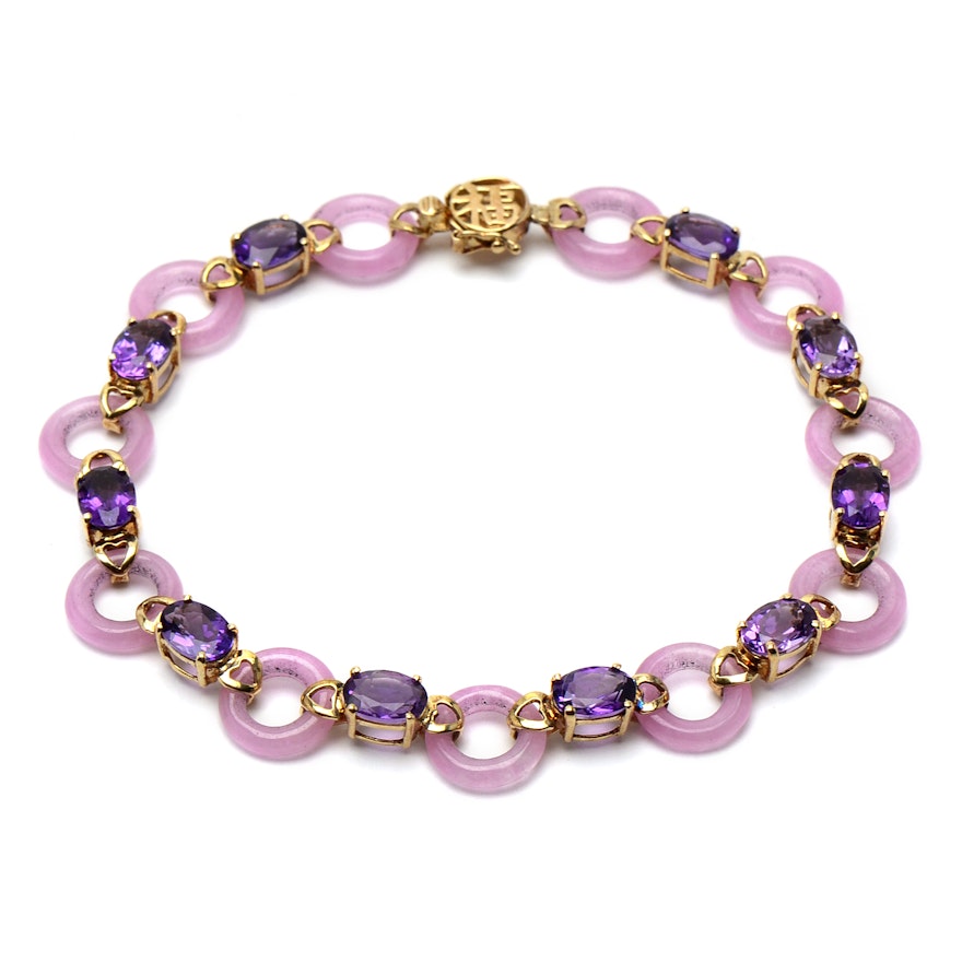 14K Yellow Gold Pink Jadeite and Amethyst Bracelet