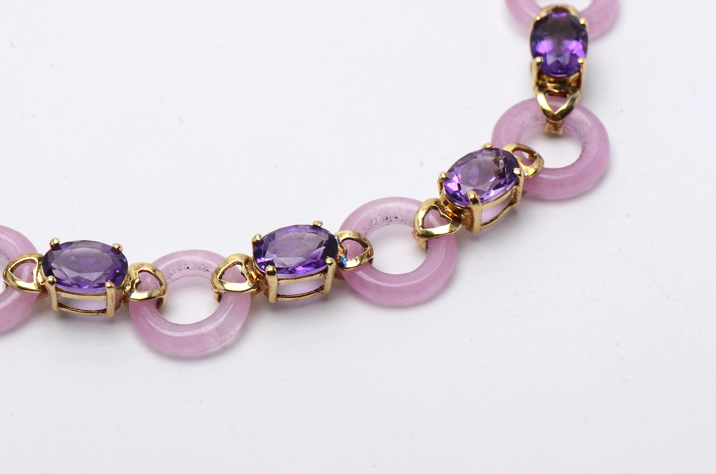 14K Yellow Gold Pink Jadeite and Amethyst Bracelet