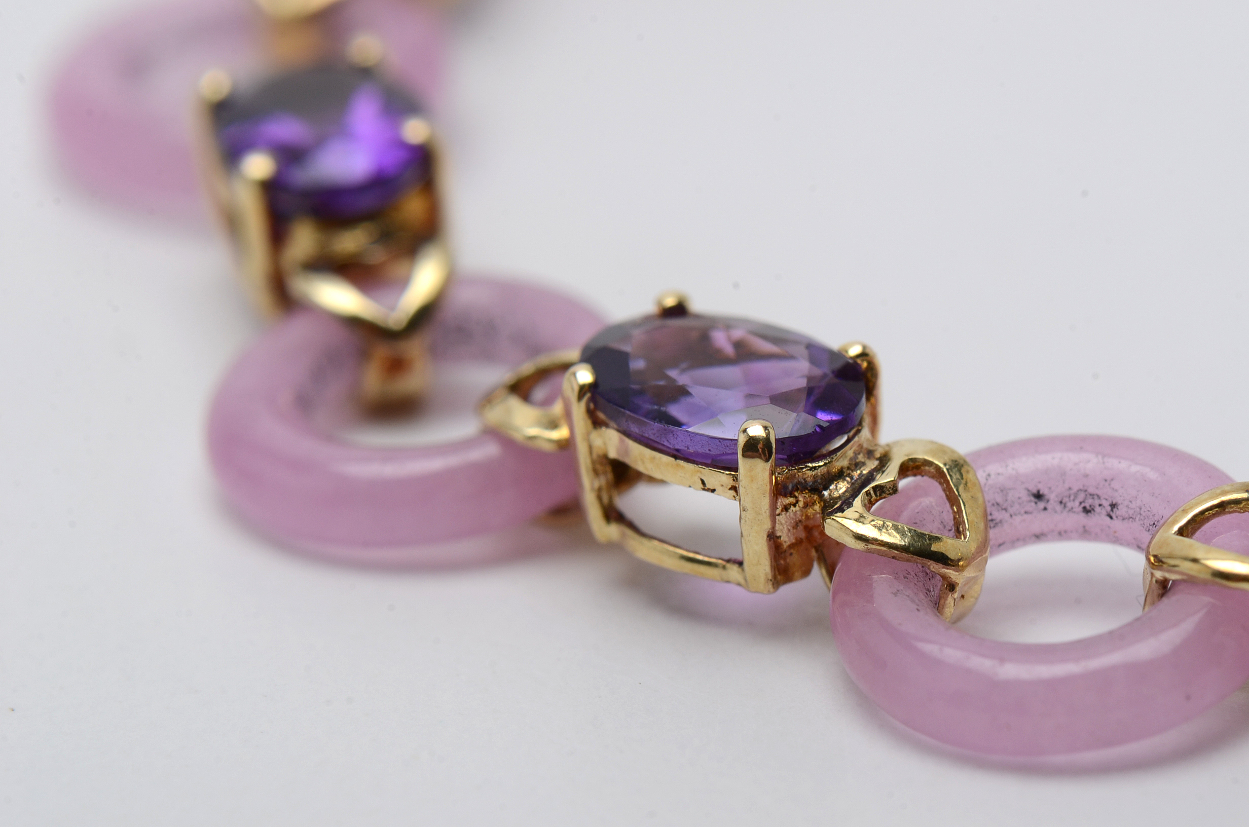 14K Yellow Gold Pink Jadeite and Amethyst Bracelet