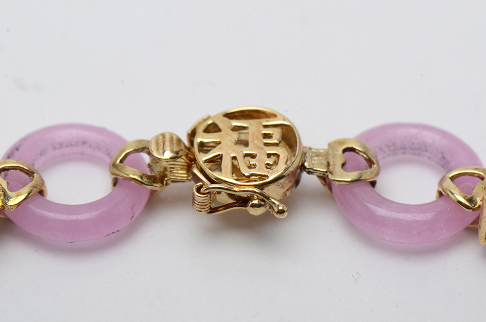 14K Yellow Gold Pink Jadeite and Amethyst Bracelet