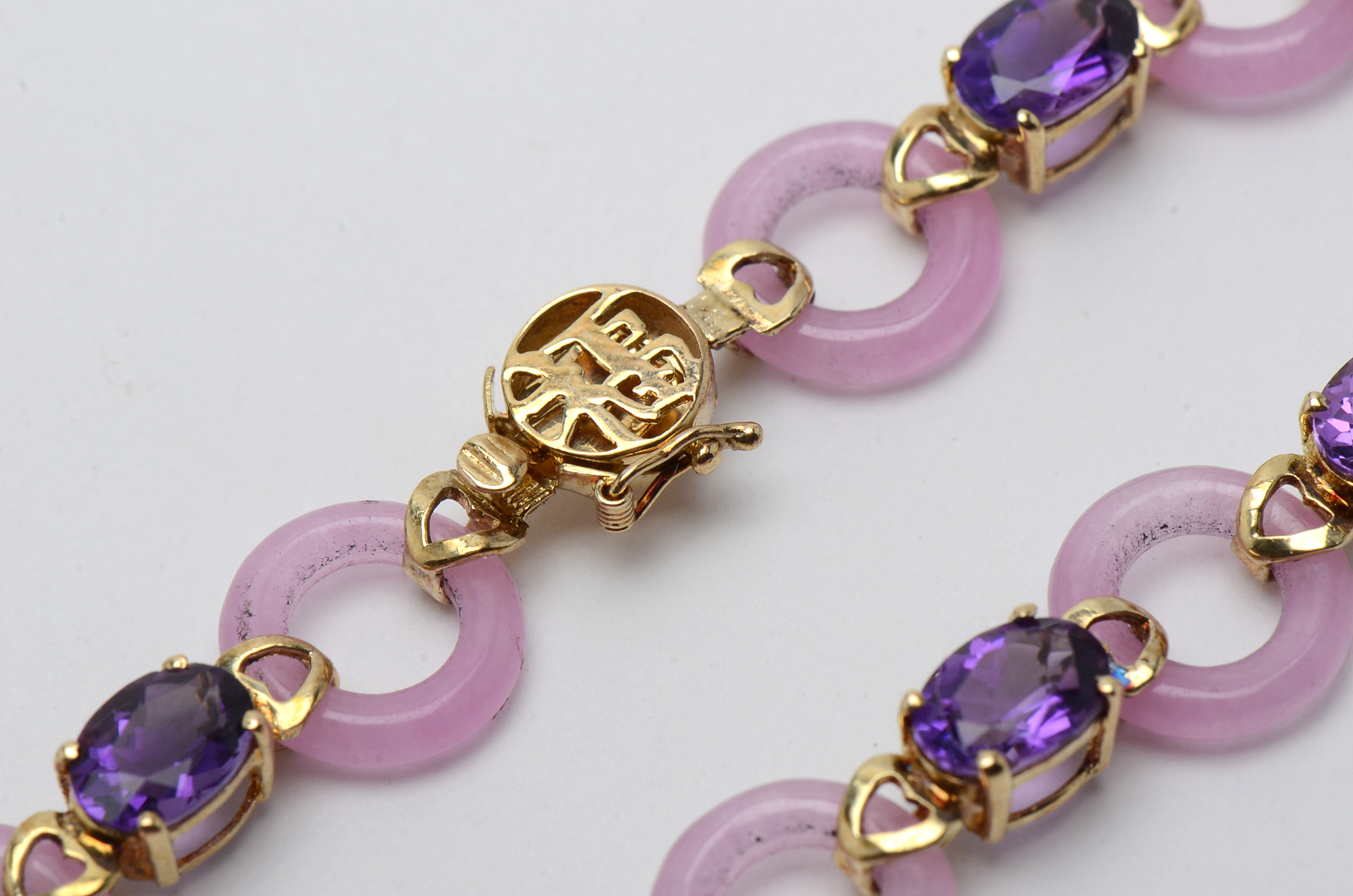 14K Yellow Gold Pink Jadeite and Amethyst Bracelet