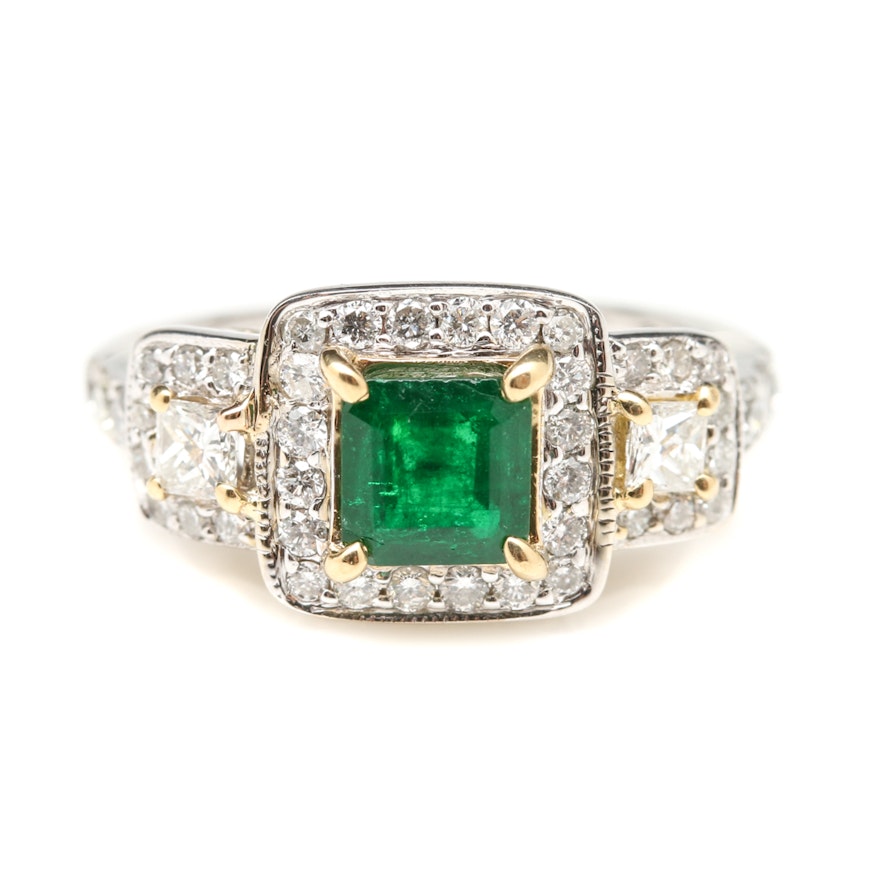 18K White Gold 0.59 CT Emerald and Diamond Ring with 18K Yellow Gold Accents