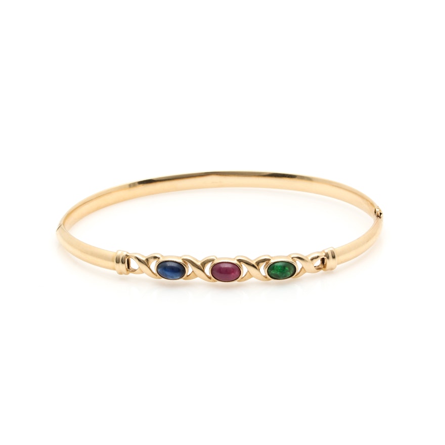 14K Yellow Gold Emerald, Sapphire and Ruby Hinged Bangle Bracelet