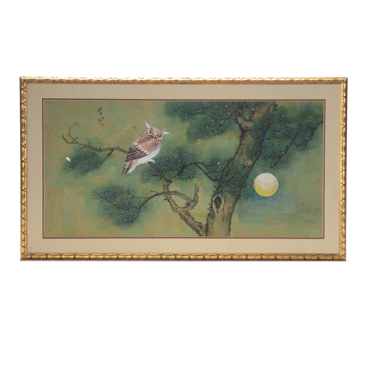 Asian Gouache and Watercolor Painting on Cork Paper of an Owl