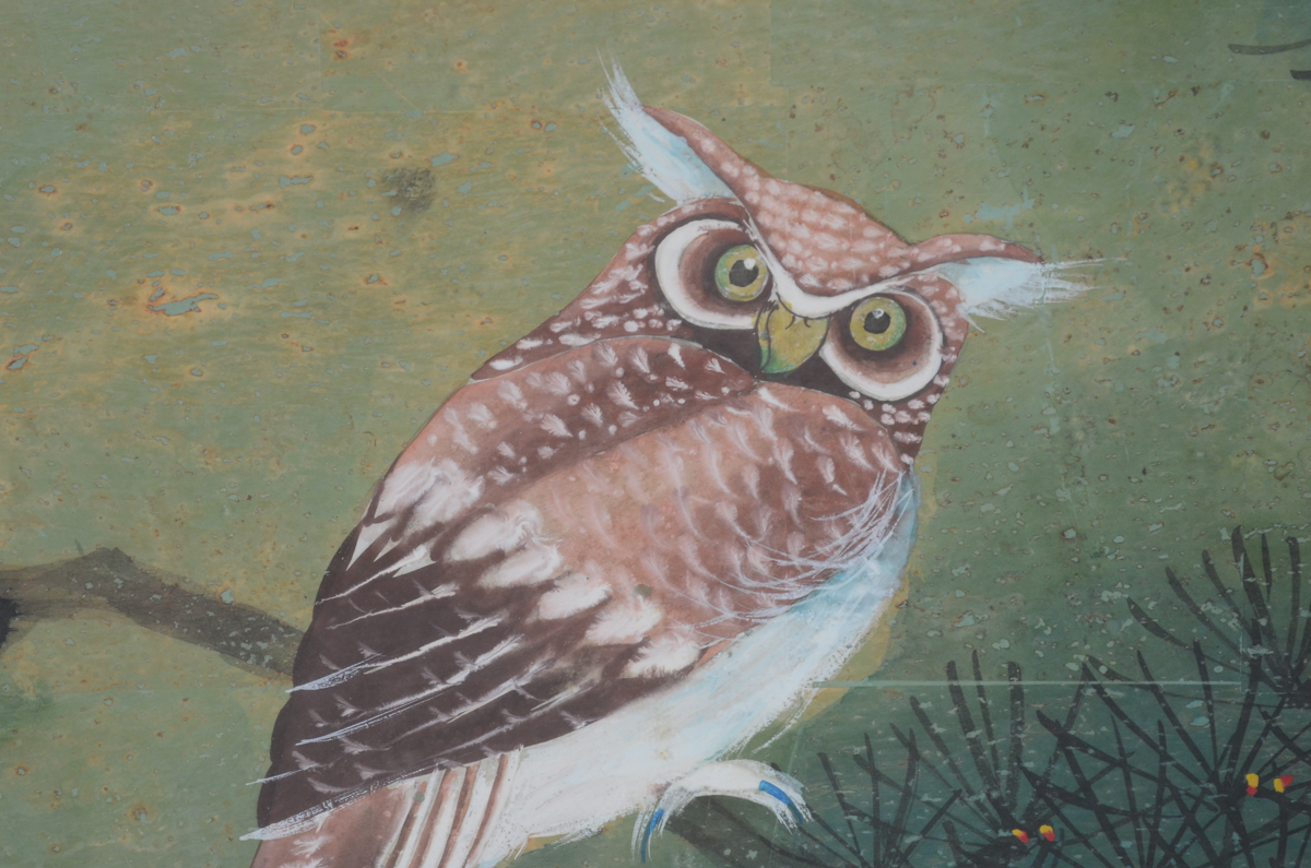Asian Gouache and Watercolor Painting on Cork Paper of an Owl