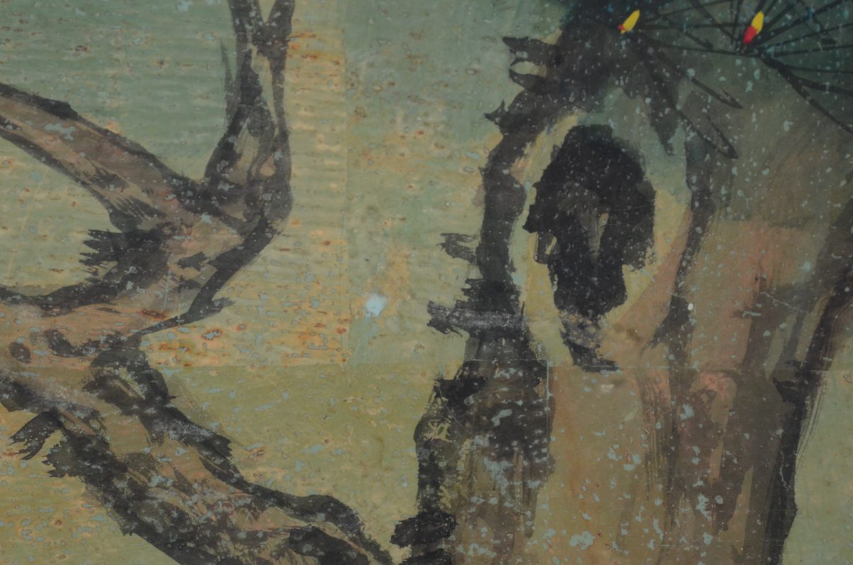 Asian Gouache and Watercolor Painting on Cork Paper of an Owl