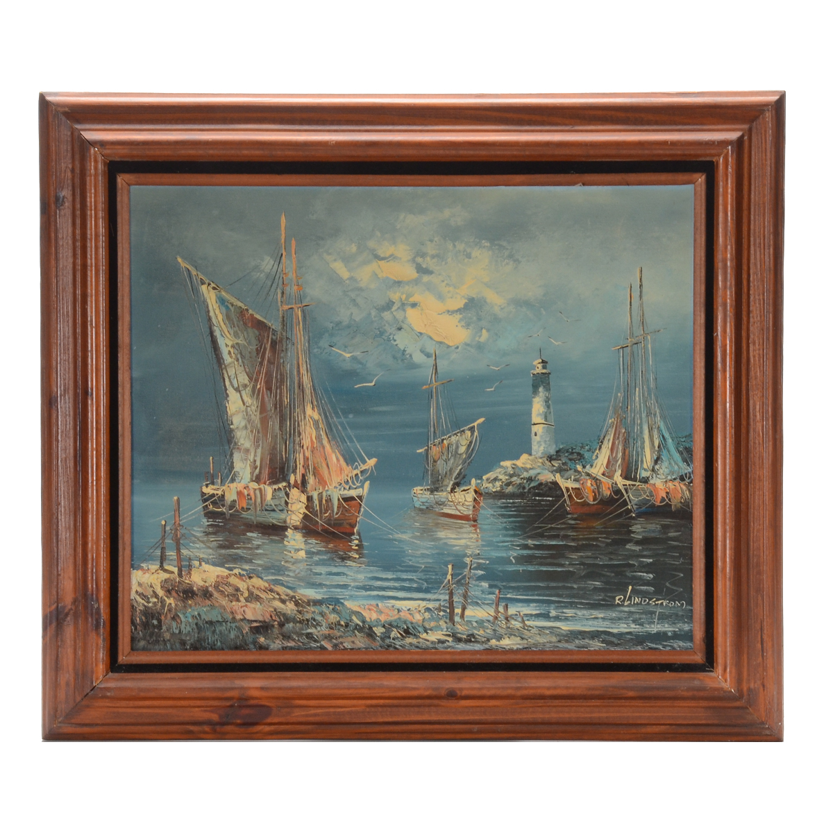 R. Lindstrom Oil Painting on Canvas of Moored Ships at Night