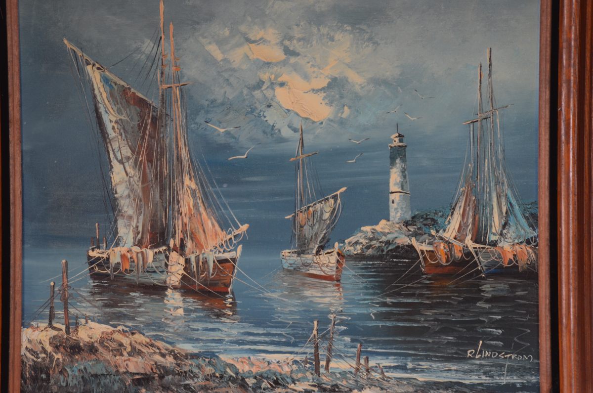 R. Lindstrom Oil Painting on Canvas of Moored Ships at Night