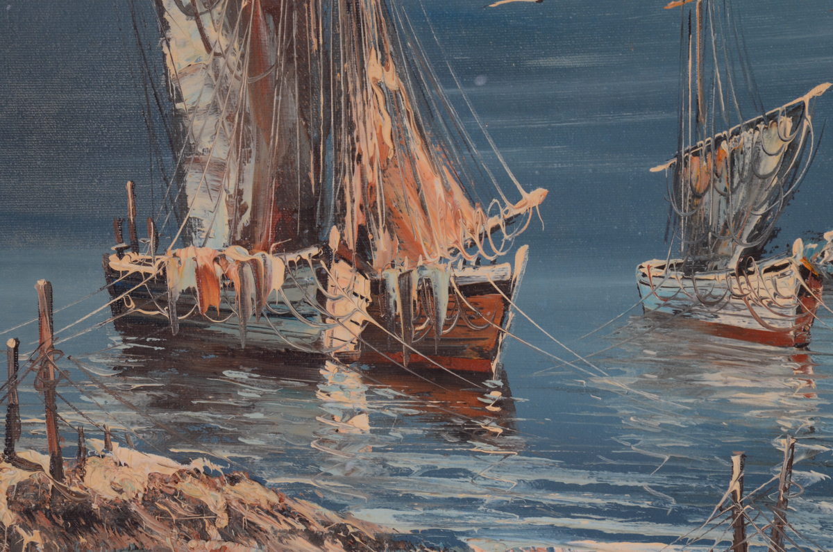 R. Lindstrom Oil Painting on Canvas of Moored Ships at Night