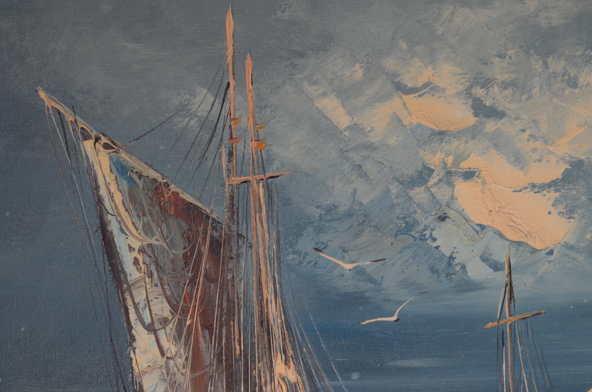 R. Lindstrom Oil Painting on Canvas of Moored Ships at Night