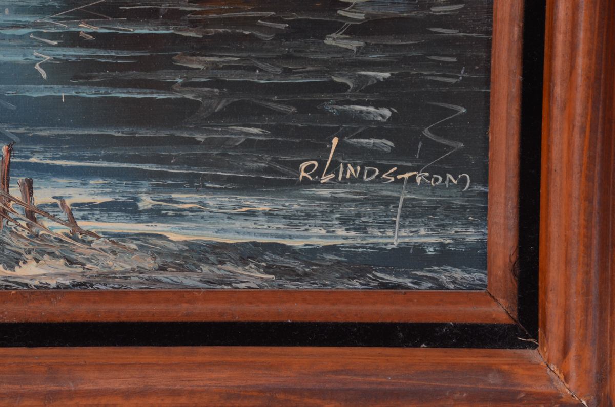 R. Lindstrom Oil Painting on Canvas of Moored Ships at Night