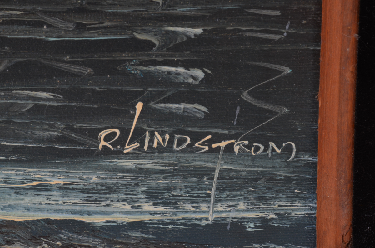 R. Lindstrom Oil Painting on Canvas of Moored Ships at Night