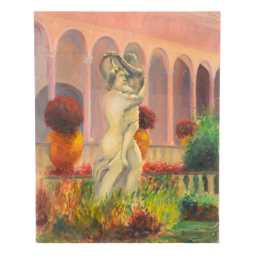 Dora McCollister Attributed Oil Painting on Canvas Board of Statue in Garden