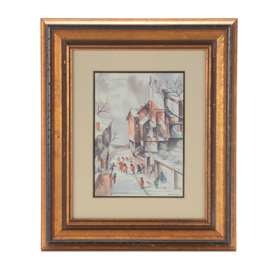Robert Fabe Signed Offset Lithograph Print of Children Playing in Snow