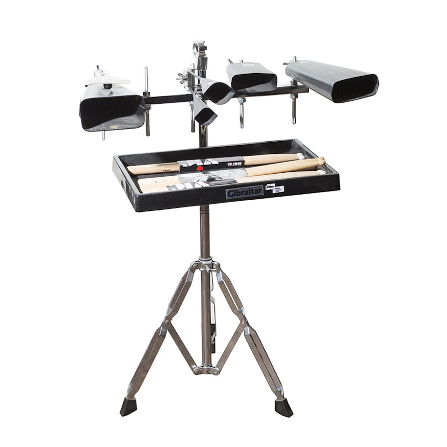 Adjustable Percussion Floor Stand with Cowbells, Tray and Drum Sticks