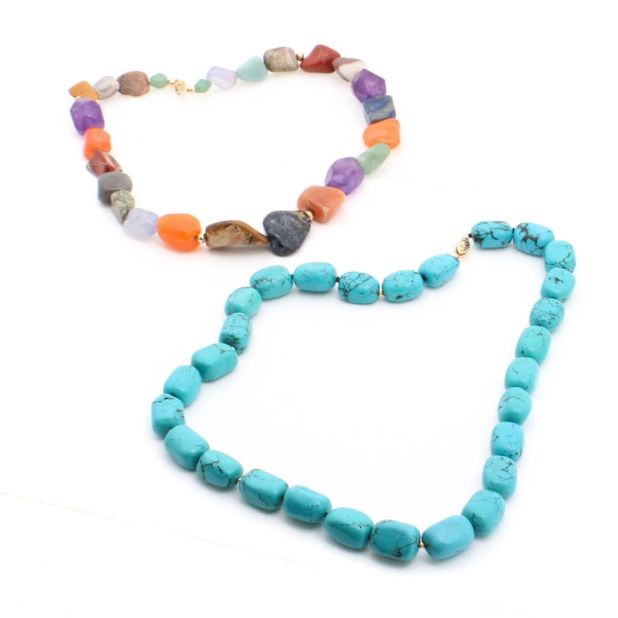 Synthetic Turquoise, Agate, Carnelian and Amethyst Beaded Necklaces