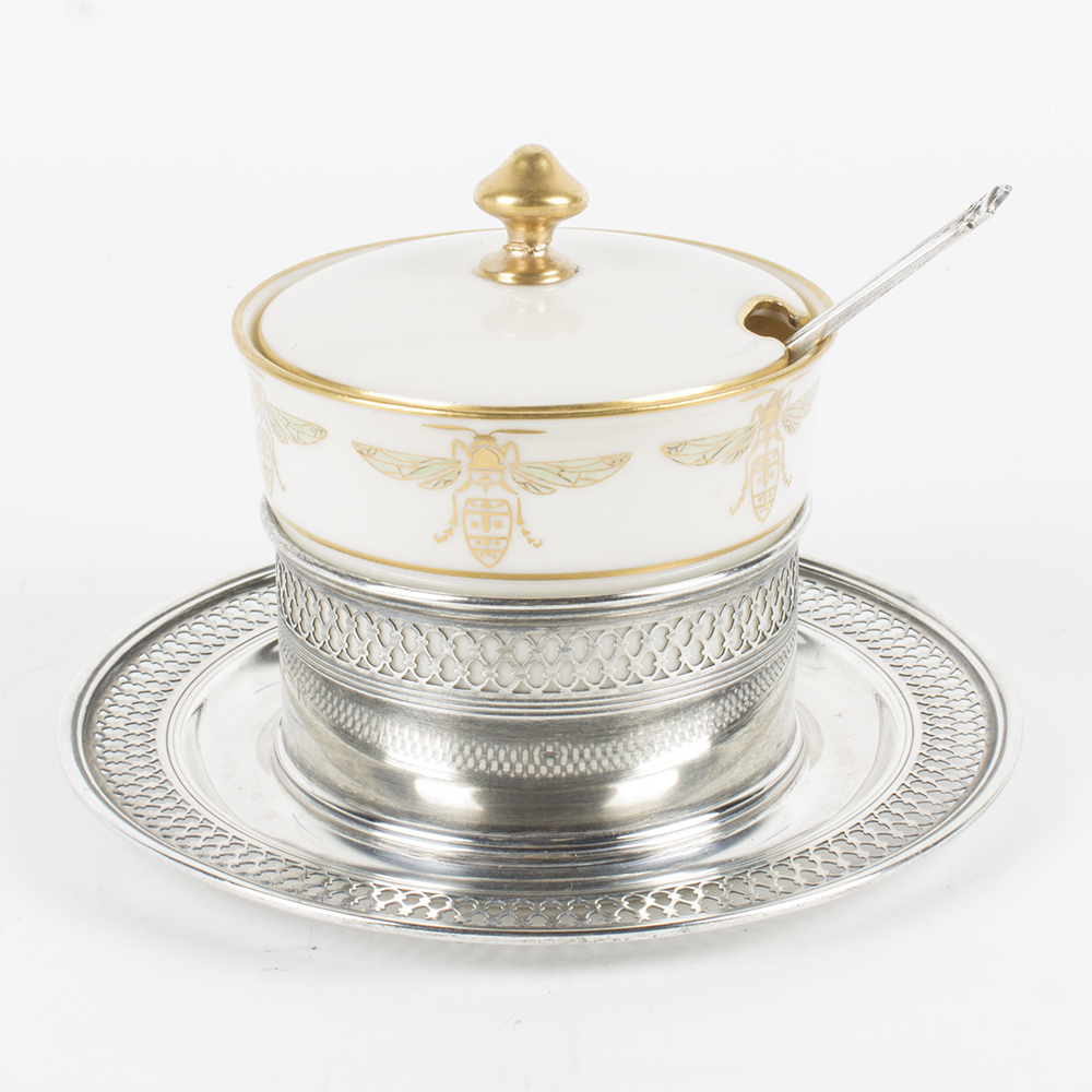 Tiffany & Co. and Lenox Porcelain and Sterling Honey Pot with Spreader