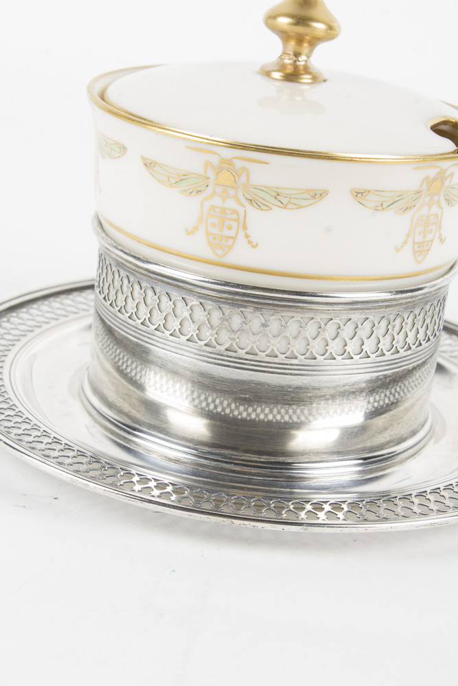 Tiffany & Co. and Lenox Porcelain and Sterling Honey Pot with Spreader