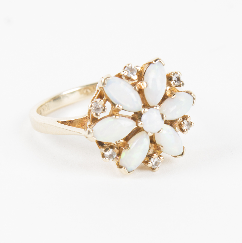 10K Yellow Gold Opal and Topaz Cluster Ring