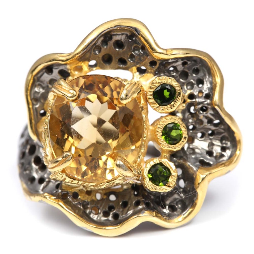 Sterling Silver, 5.76 CT Citrine and Diopside Flower Ring