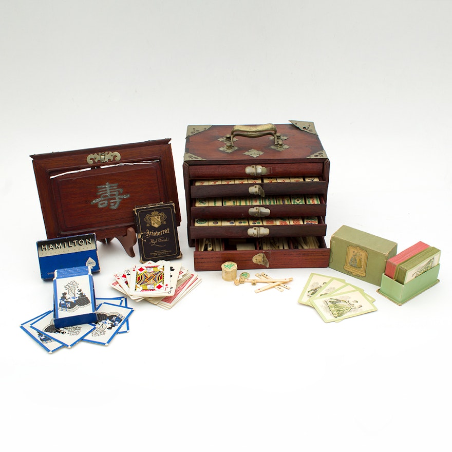 Chinese Mahjong Game in Wooden Chest and Vintage Playing Card Sets