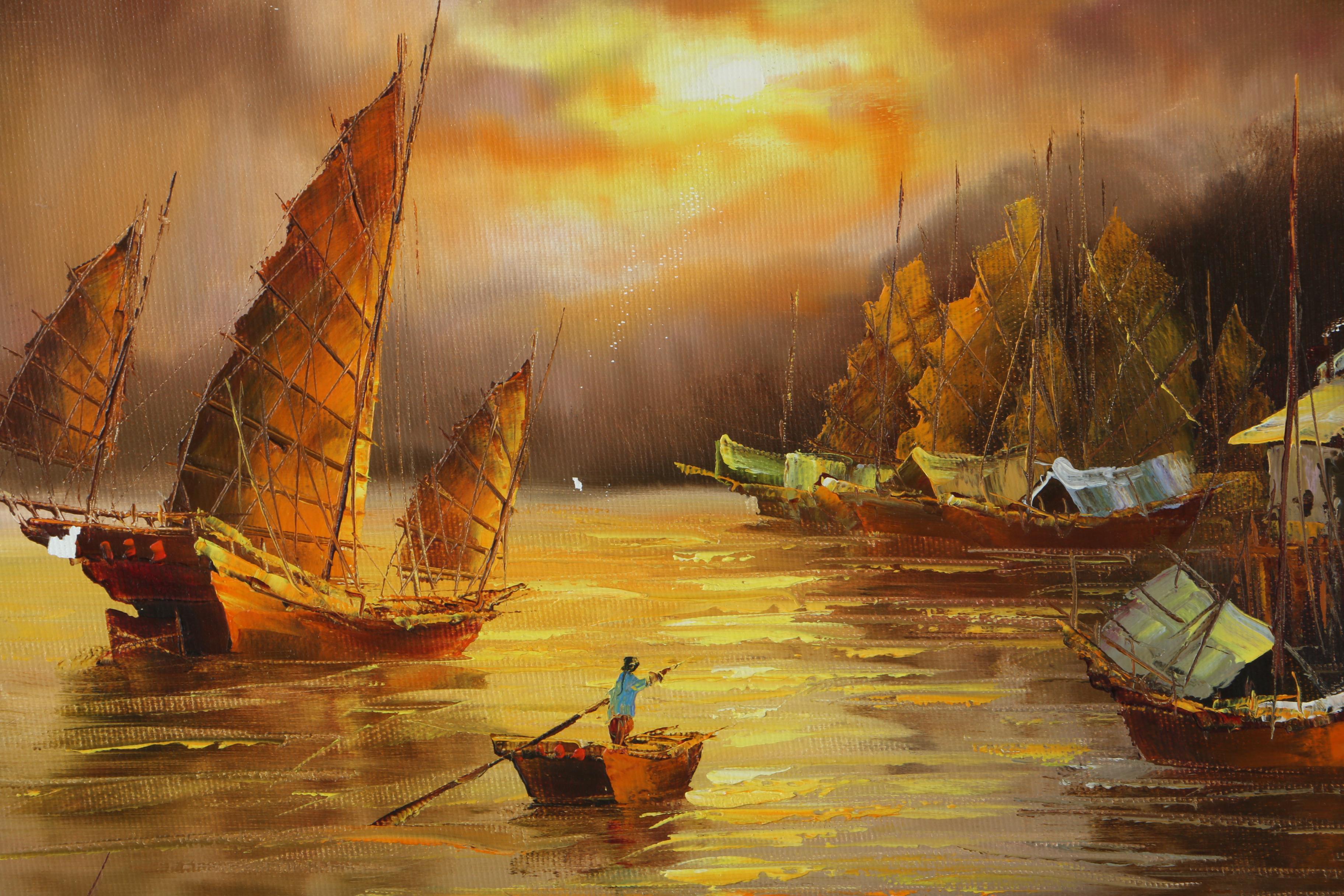 Oil on Canvas of Japanese Junk Boats