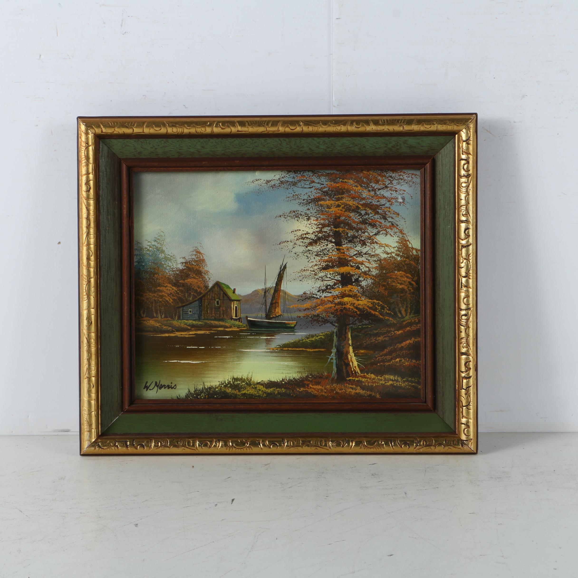 W. Morris Oil Painting of a Landscape on Canvas Board