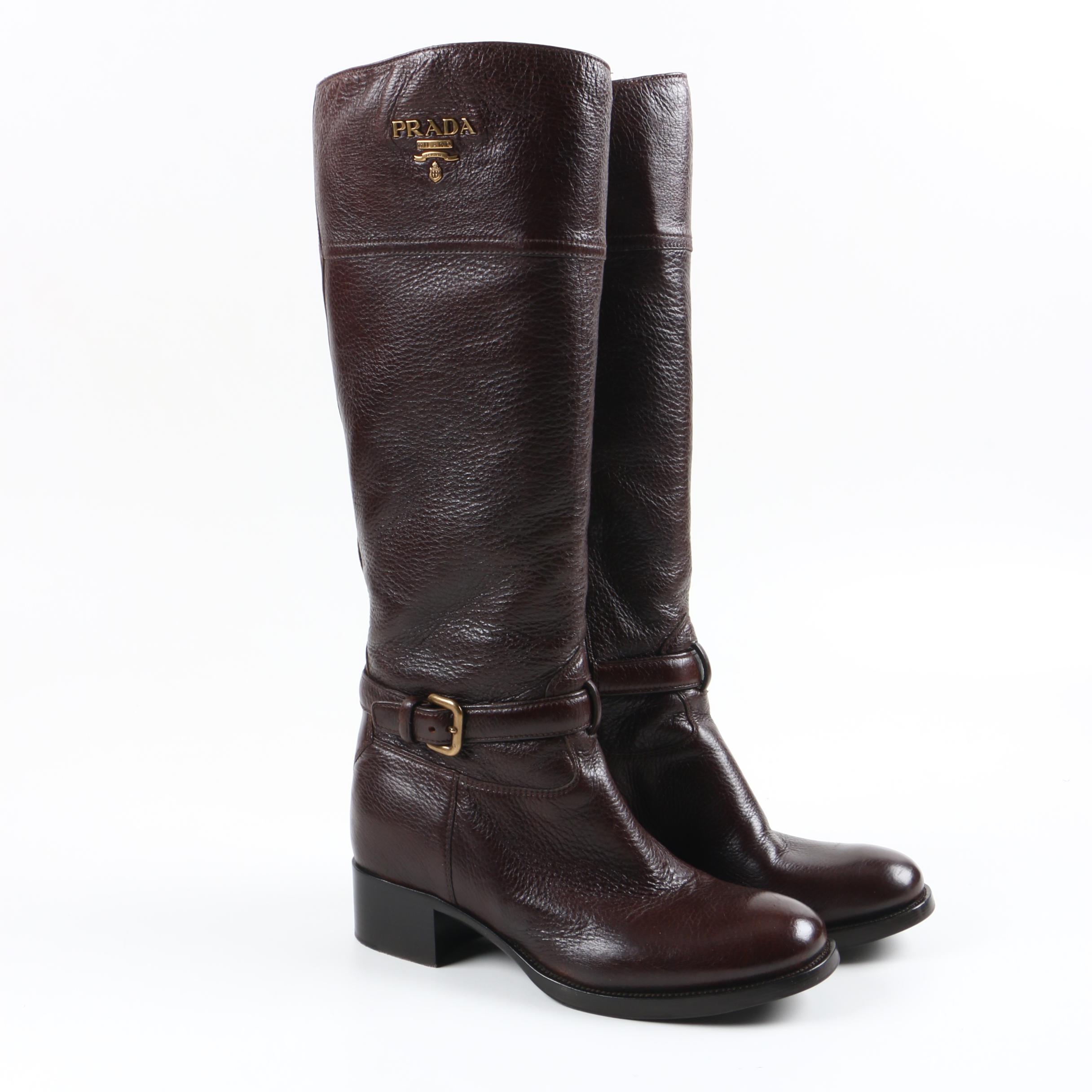 Prada Leather Logo Riding Boots