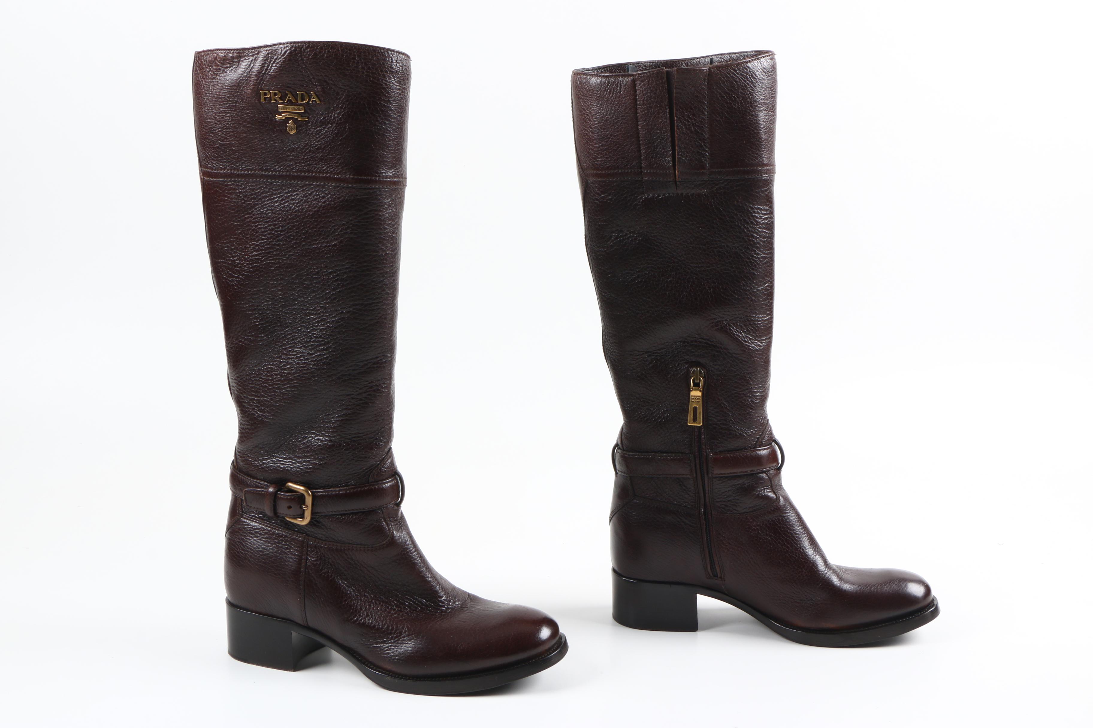 Prada Leather Logo Riding Boots