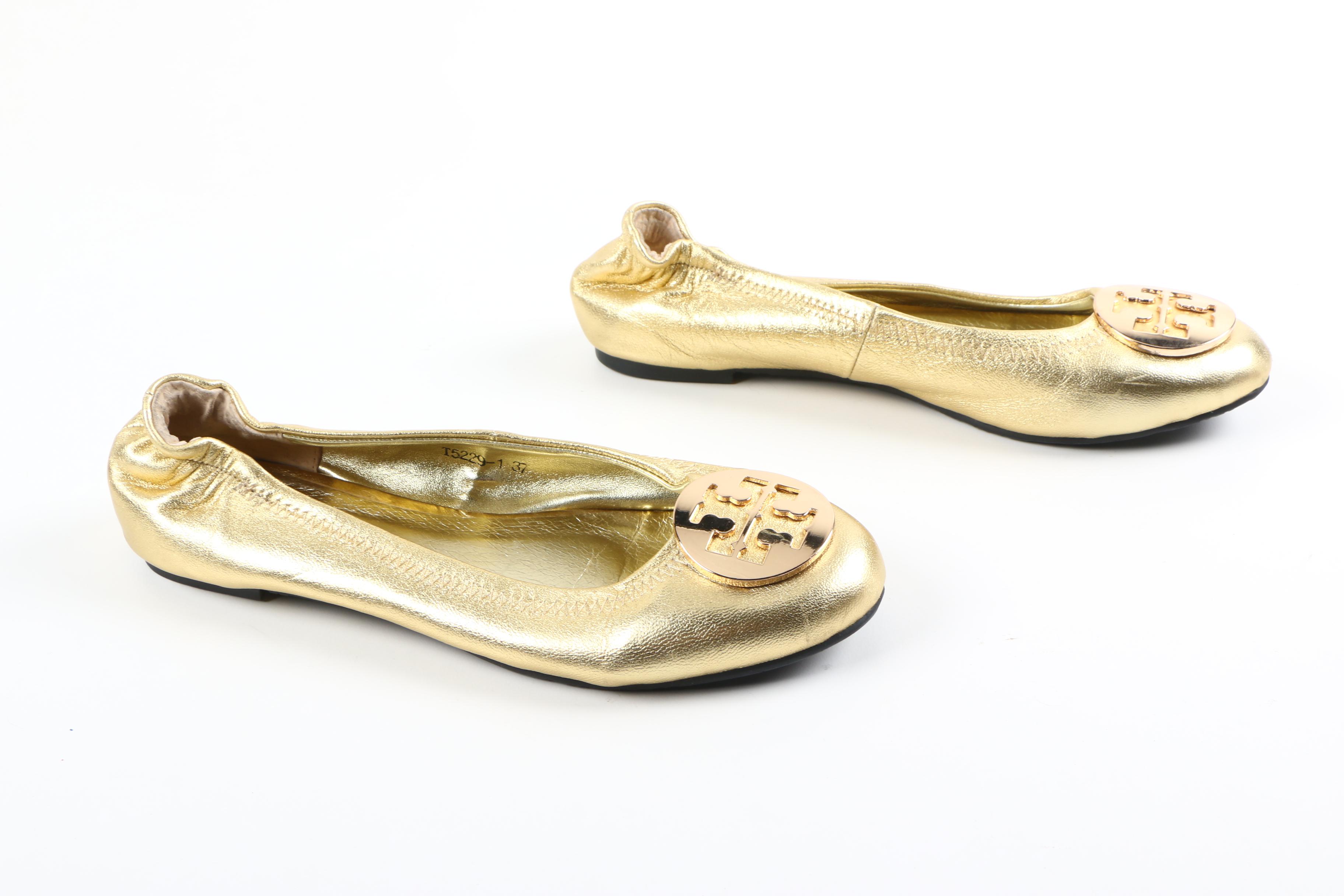 Tory Burch Gold Metallic Leather Flats