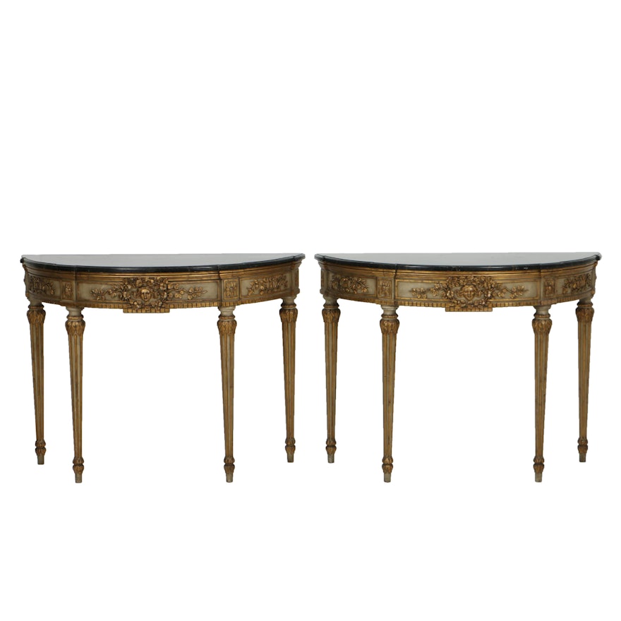 Vintage Neoclassical Style Parcel-Gilt Console Tables with Faux-Marble Tops