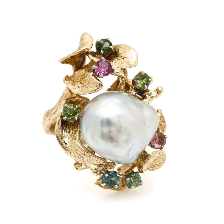 14K Yellow Gold Cultured Pearl and Tourmaline Ring