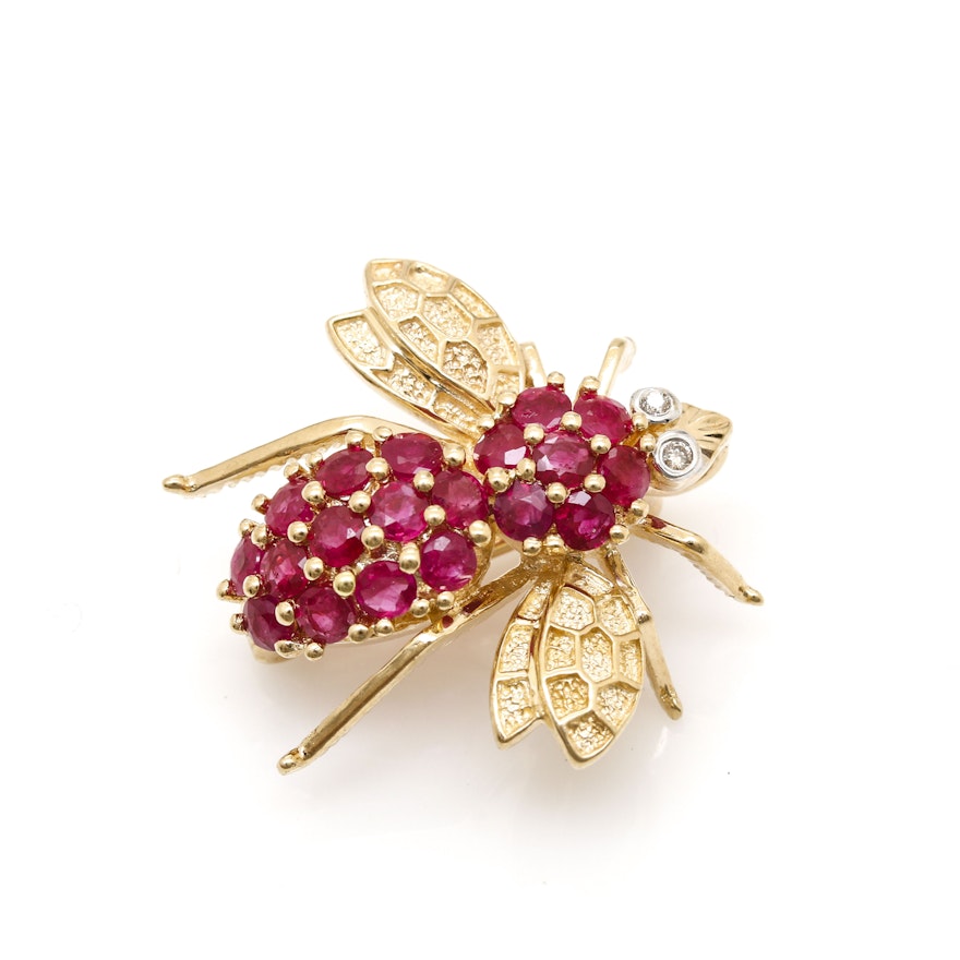 14K Yellow Gold Ruby and Diamond Bee Converter Brooch