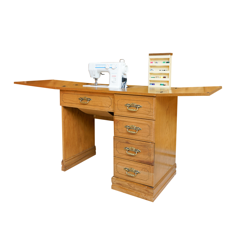Vintage Oak Sewing Machine Table with Machine