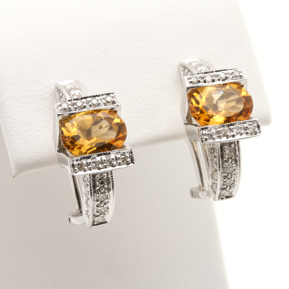 14K White Gold Citrine and Diamond Half Hoop Earrings