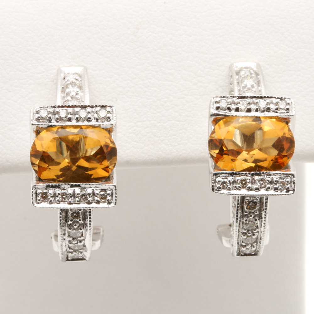 14K White Gold Citrine and Diamond Half Hoop Earrings