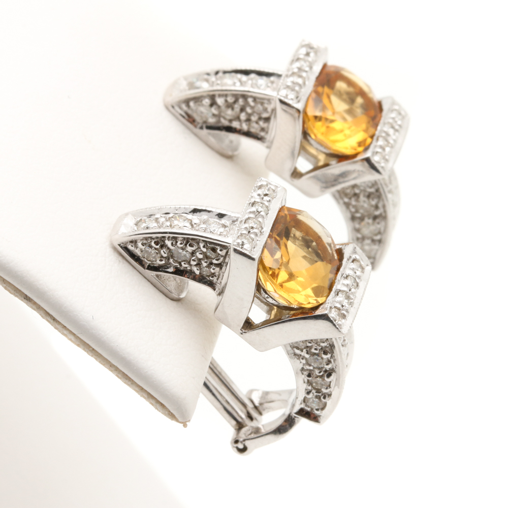 14K White Gold Citrine and Diamond Half Hoop Earrings