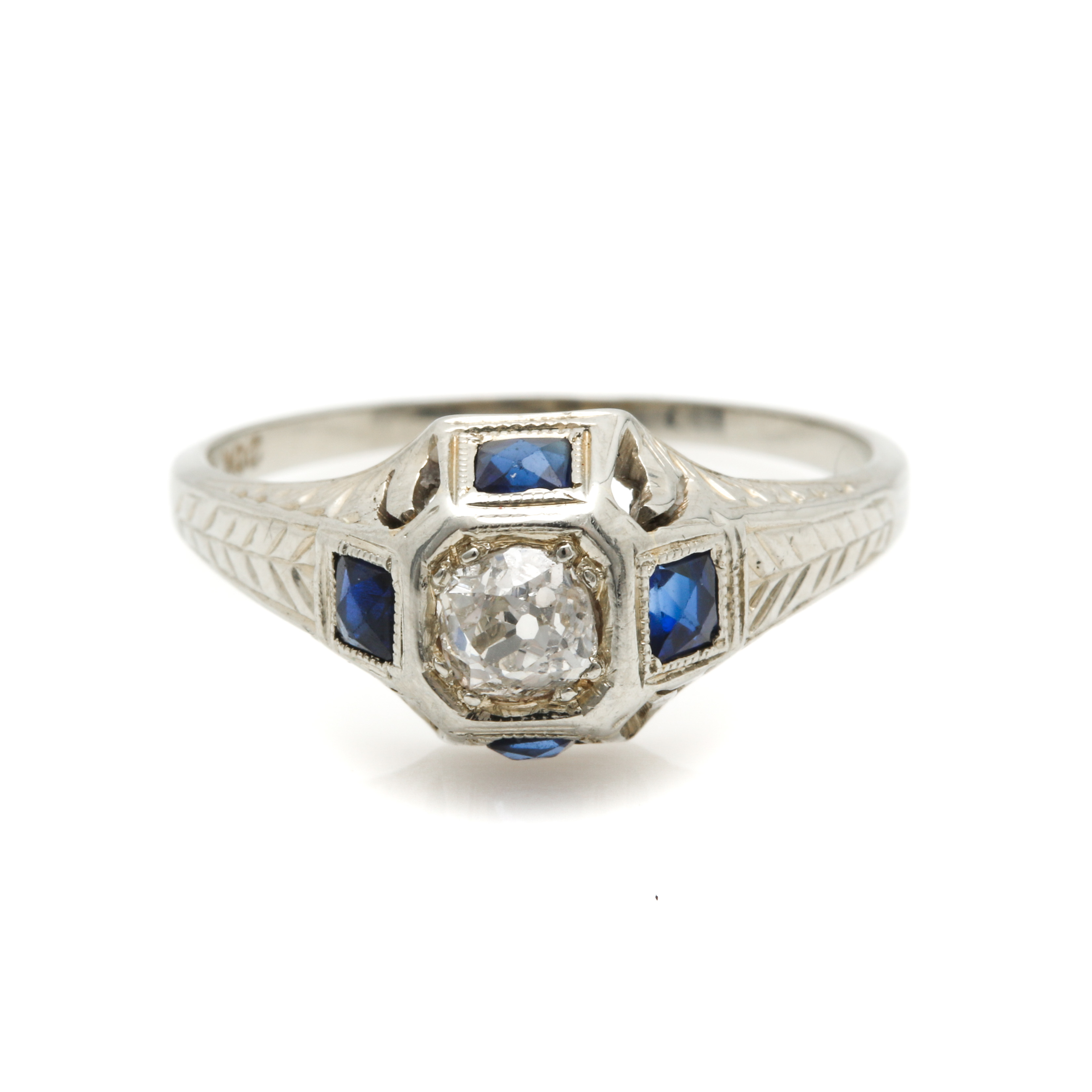Art Deco 18K White Gold Diamond and Sapphire Ring