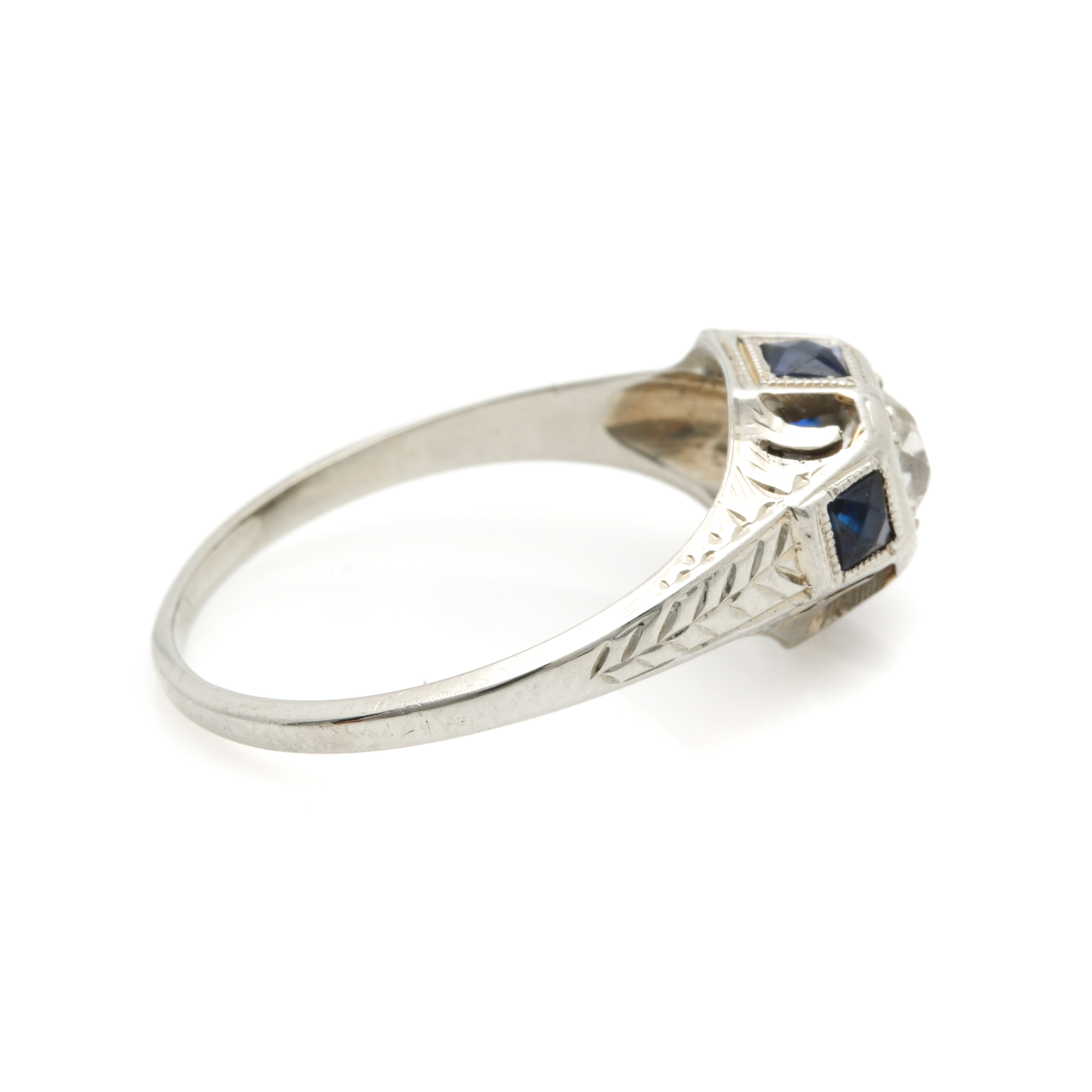 Art Deco 18K White Gold Diamond and Sapphire Ring