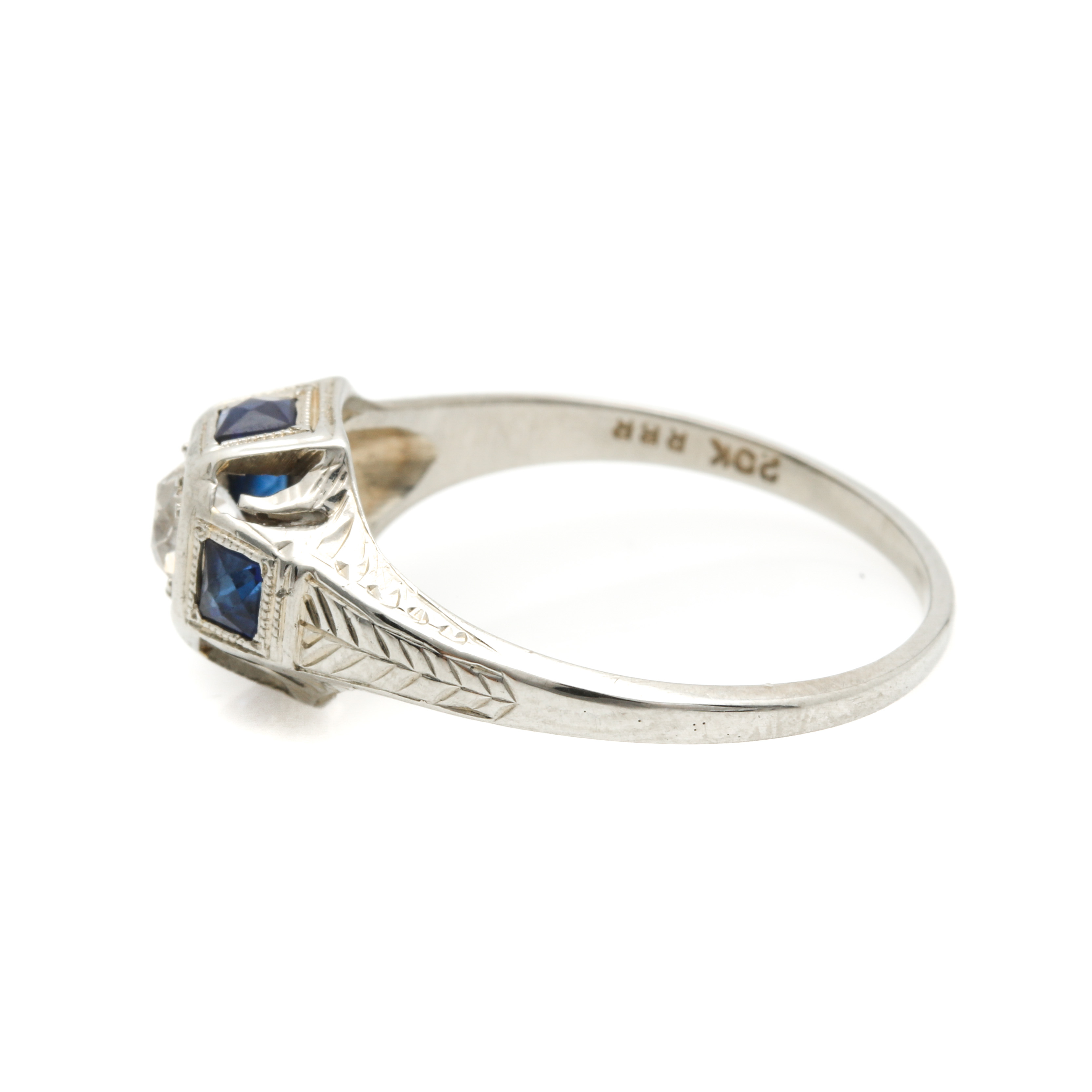Art Deco 18K White Gold Diamond and Sapphire Ring