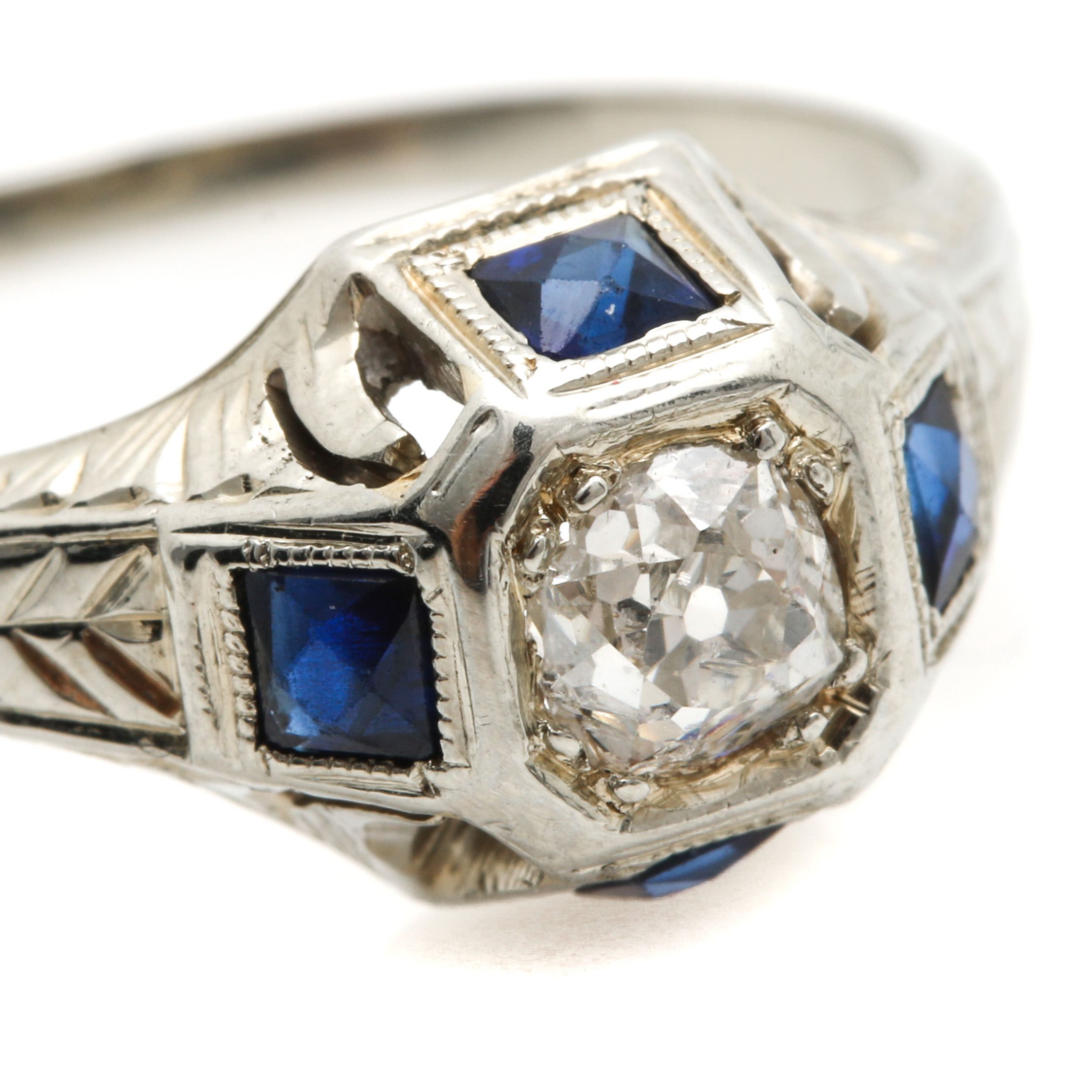 Art Deco 18K White Gold Diamond and Sapphire Ring