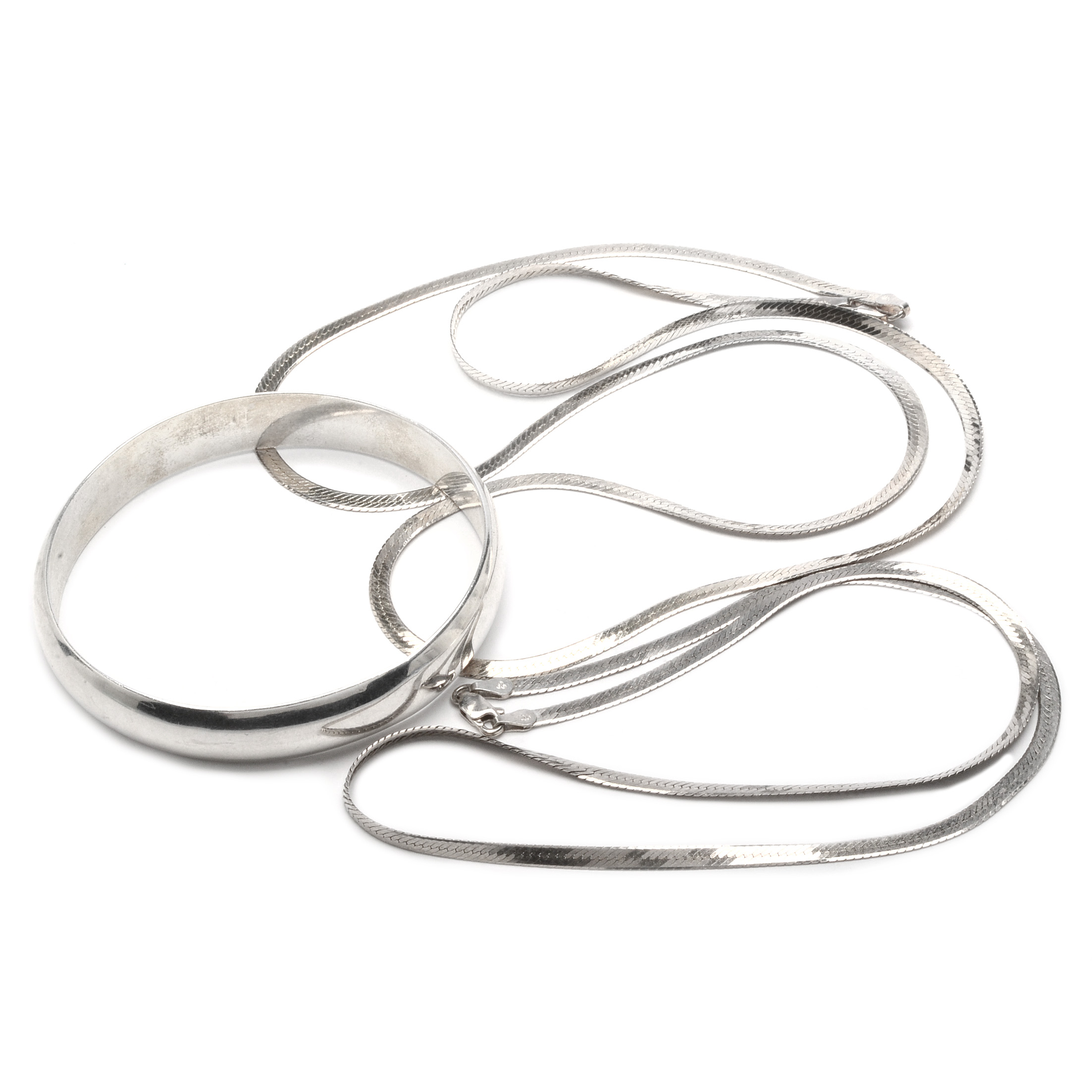 Sterling Silver Bangle and Two Herringbone Chains