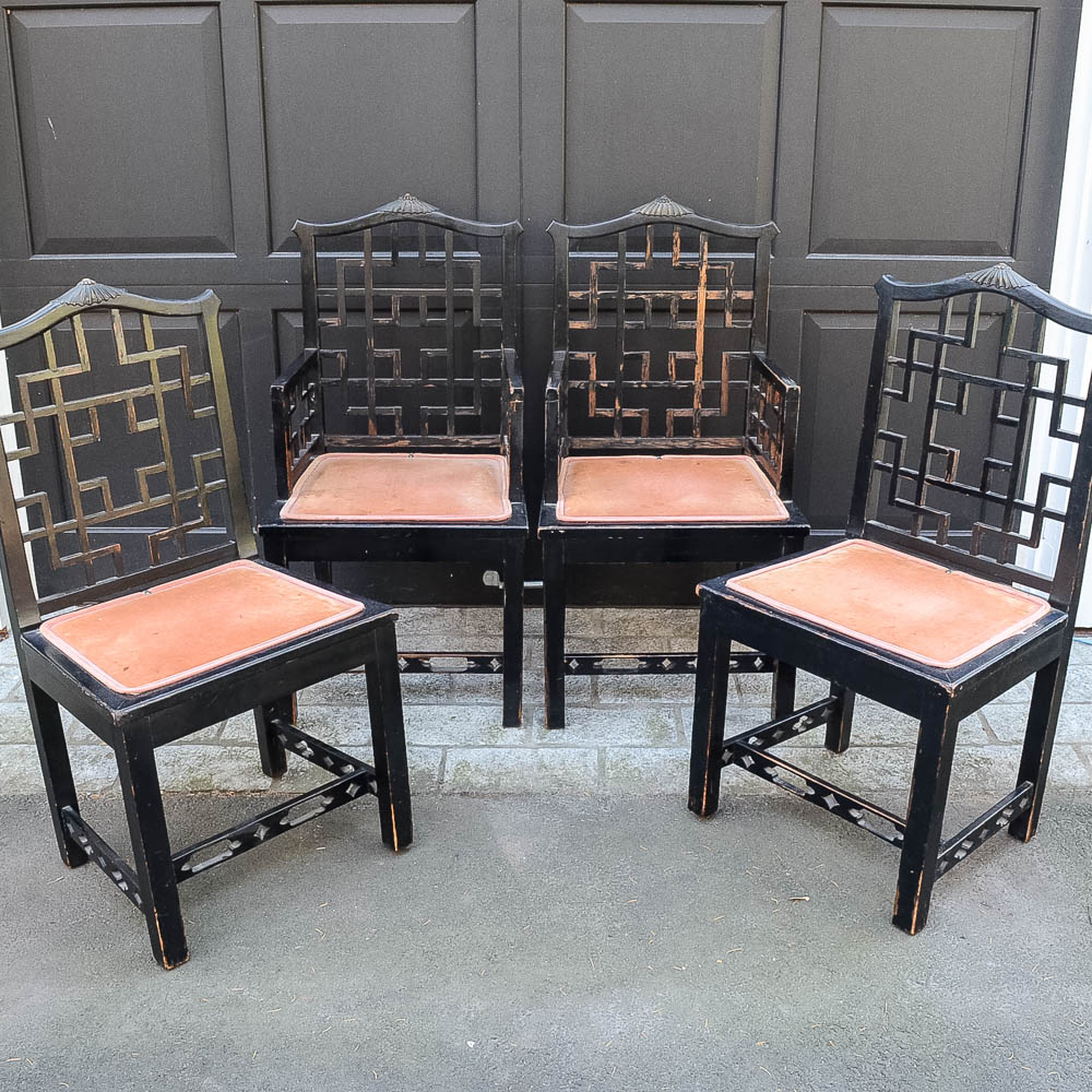 Set of Four Chinese Chippendale Style Fretwork Dining Chairs