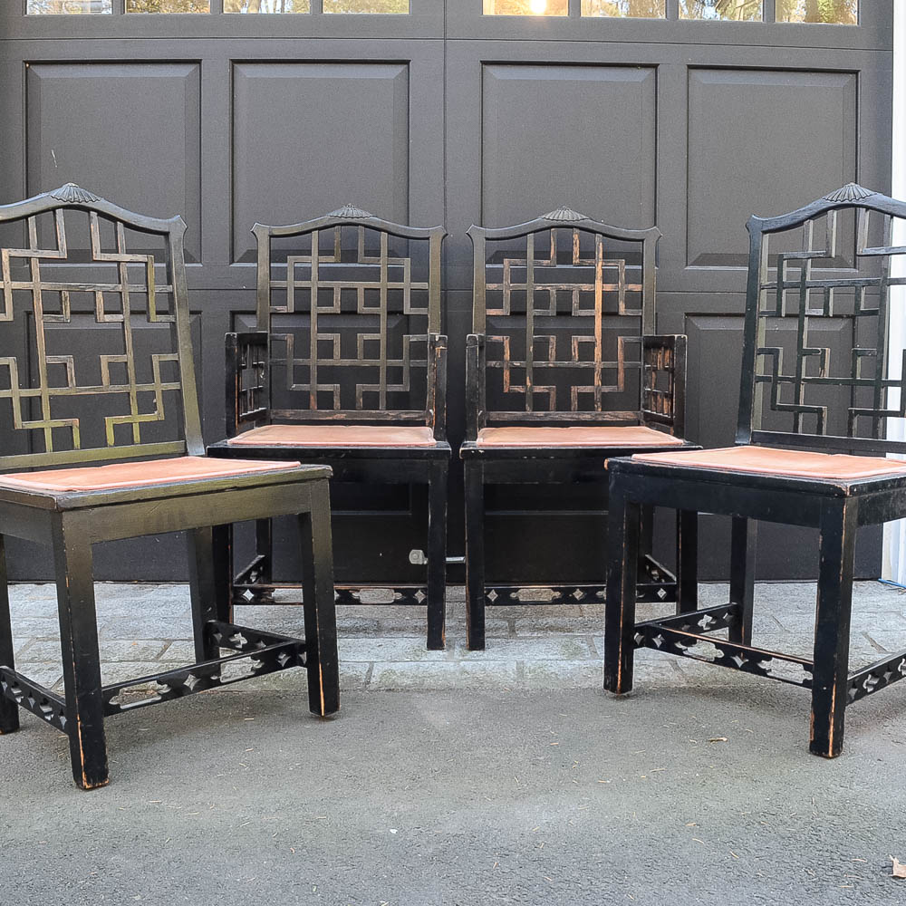 Set of Four Chinese Chippendale Style Fretwork Dining Chairs