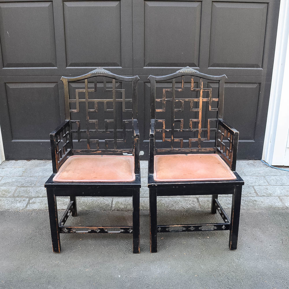 Set of Four Chinese Chippendale Style Fretwork Dining Chairs