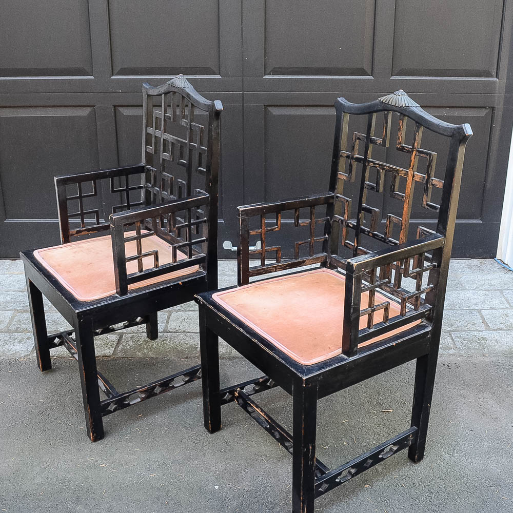 Set of Four Chinese Chippendale Style Fretwork Dining Chairs