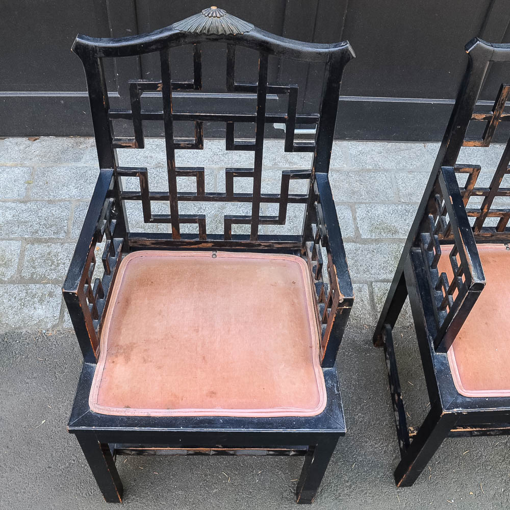 Set of Four Chinese Chippendale Style Fretwork Dining Chairs