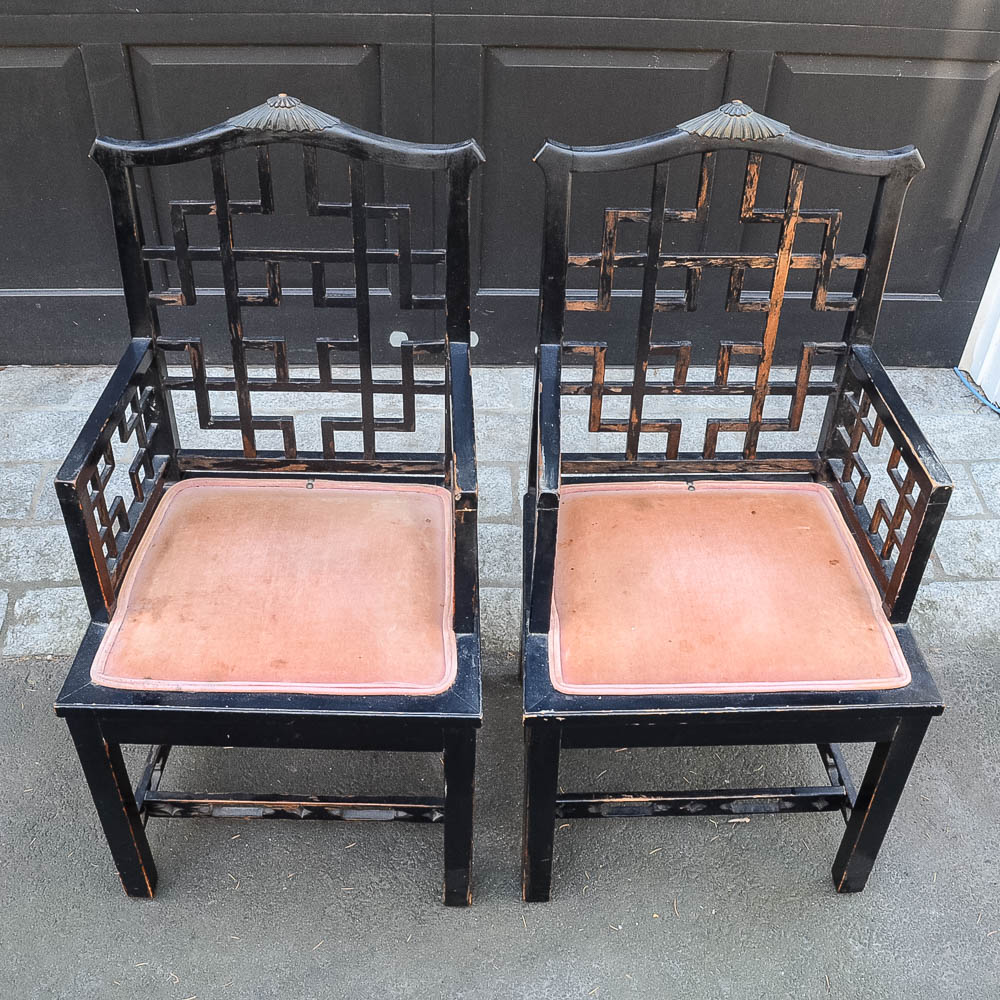 Set of Four Chinese Chippendale Style Fretwork Dining Chairs